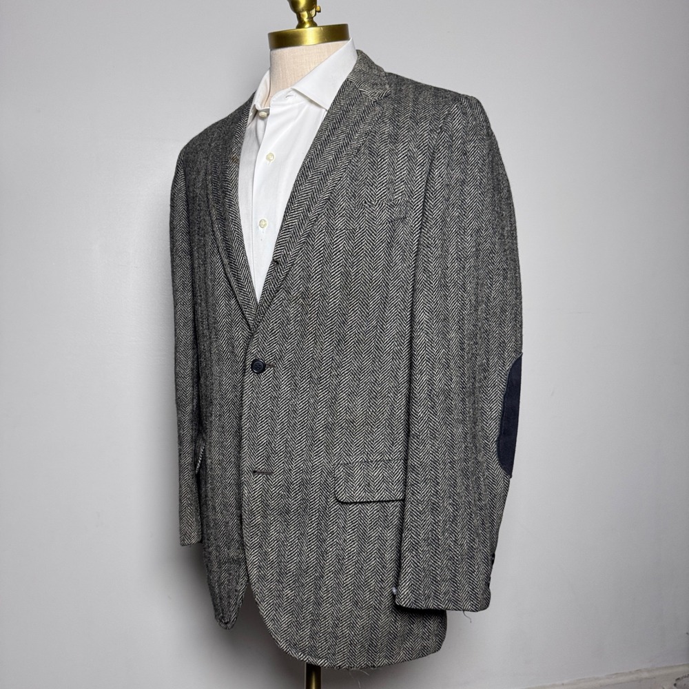 1970s Stanley Blacker Blazer Mens 40R Gray Herringbone Elbow Patches Vintage